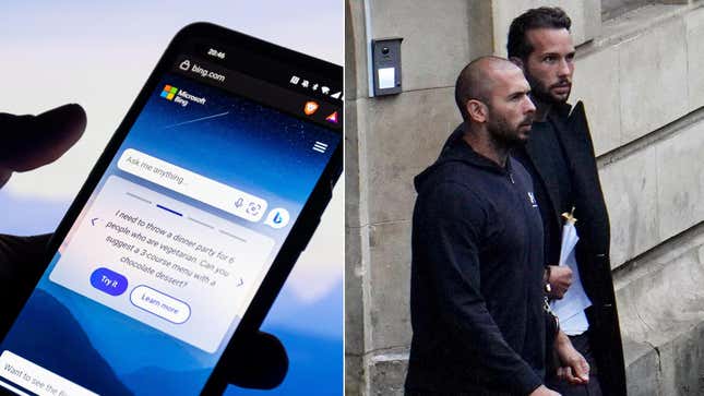 A phone with the Bing AI on the left and Andrew Tate walking out of Romanian court on the right.