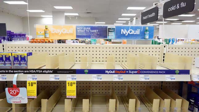 A cold and flu medicine section has minimal offerings in a CVS pharmacy on December 6, 2022 in Burbank, California
