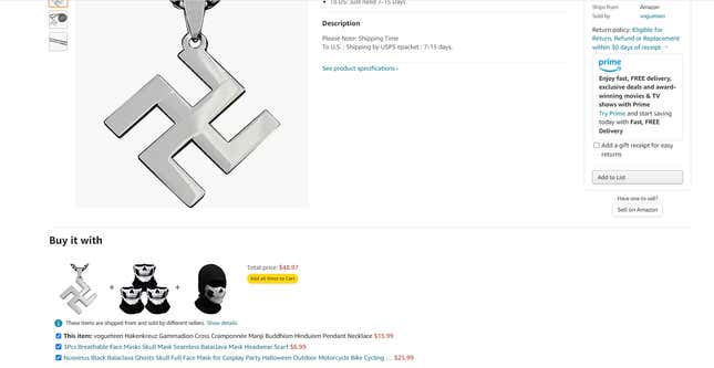 A screenshot of Amazon with a swastika necklace being sold