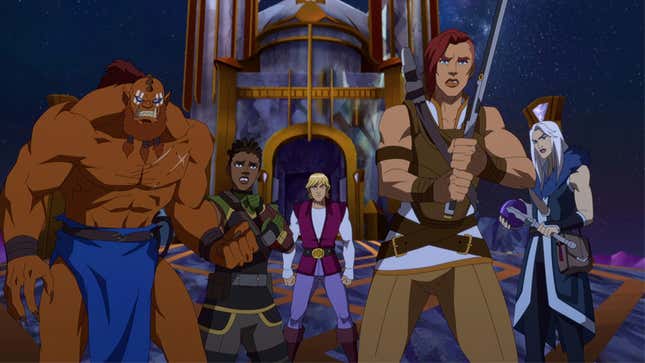 From left to right: Masters of the Universe: Revelation's Beast Man, Andra, Prince Adam, Teela, and Evil-Lyn stand ready to fight.