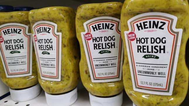 Heinz hot dog relish bottles at grocery store