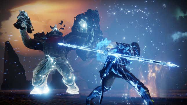 A Destiny warrior uses a blue energy staff to fight off a large enemy. 
