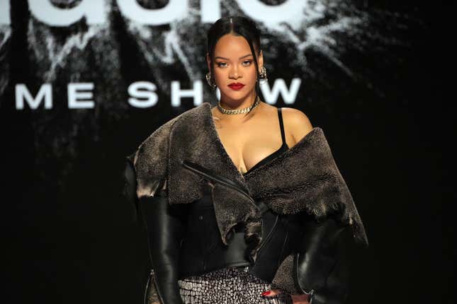PHOENIX, ARIZONA - FEBRUARY 09: Rihanna speaks onstage during the press conference for Apple Music Super Bowl LVII Halftime Show at Phoenix Convention Center on February 09, 2023 in Phoenix, Arizona. 