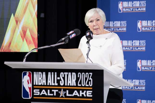 Oct 23, 2019; Salt Lake City, UT, USA; Utah Jazz owner Gail Miller speaks to the press during the 2023 NB All-Star announcement at Vivint Smart Home Arena.