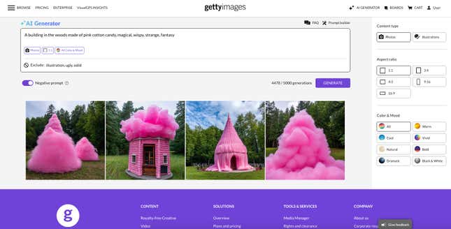 لا يحتوي منشئ الصور الخاص بـ Getty على العديد من السمات أو الحالات المزاجية مثل العديد من المولدات الفنية الأخرى التي تعمل بالذكاء الاصطناعي، وبدلاً من ذلك يختار مرشحات الألوان الأكثر بساطة.