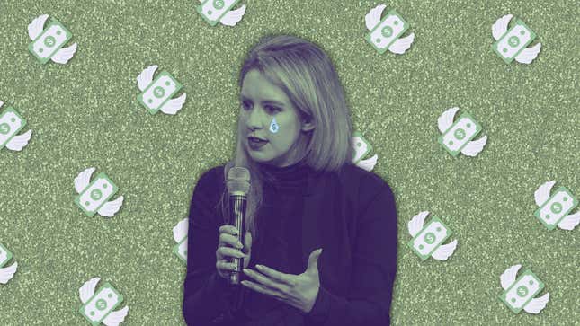 An illustration of Elizabeth Holmes surrounded by money.