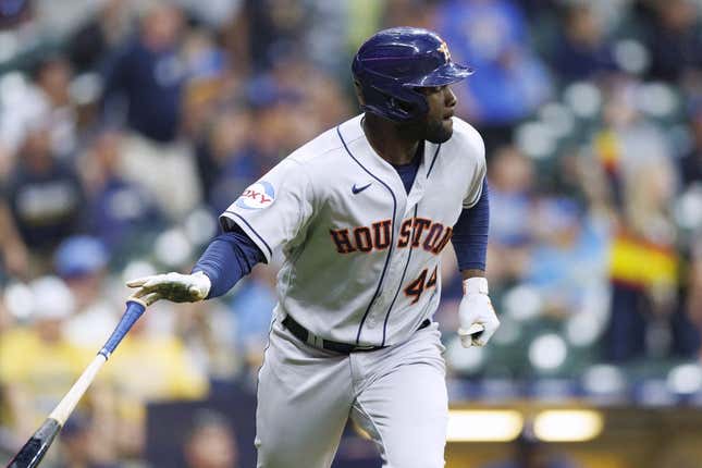 May 22, 2023; Milwaukee, Wisconsin, USA;  Houston Astros designated hitter Yordan Alvarez (44) watches his grand slam home run during the sixth inning against the Milwaukee Brewers at American Family Field.