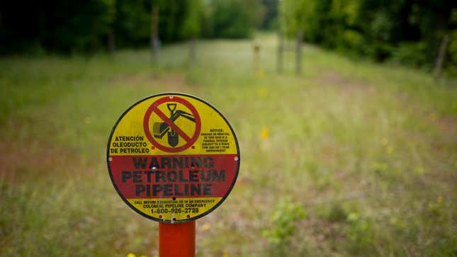 A sign marks the location of the Colonial Pipeline in Charlotte, N.C