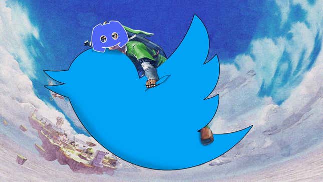 An image of Link soaring through the air on the Twitter bird logo with the Discord logo over his face like a mask.