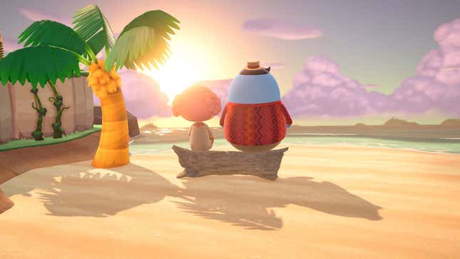 Two Animal Crossing characters sit on a log on a beach at sunset and contemplate how to transfer your Animal Crossing New Horizons island from one Switch to another.