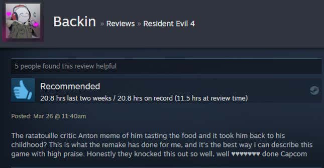 A screenshot of a Steam user text review for the game Resident Evil 4.