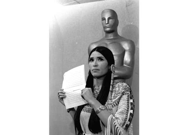 Sacheen Littlefeather appears at the Academy Awards ceremony to announce that Marlon Brando was declining his Oscar as best actor for his role in “The Godfather,” on March 27, 1973.