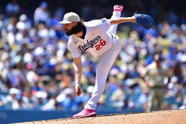 May 14, 2023; Los Angeles, California, USA; Los Angeles Dodgers starting pitcher Tony Gonsolin (26) throws against the San Diego Padres during the fifth inning at Dodger Stadium.