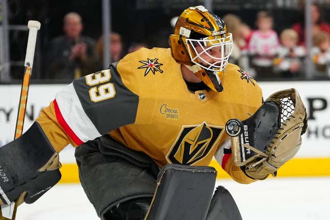 May 6, 2023; Las Vegas, Nevada, USA; Vegas Golden Knights goaltender Laurent Brossoit (39) warms up before game two of the second round of the 2023 Stanley Cup Playoffs against the Edmonton Oilers at T-Mobile Arena.