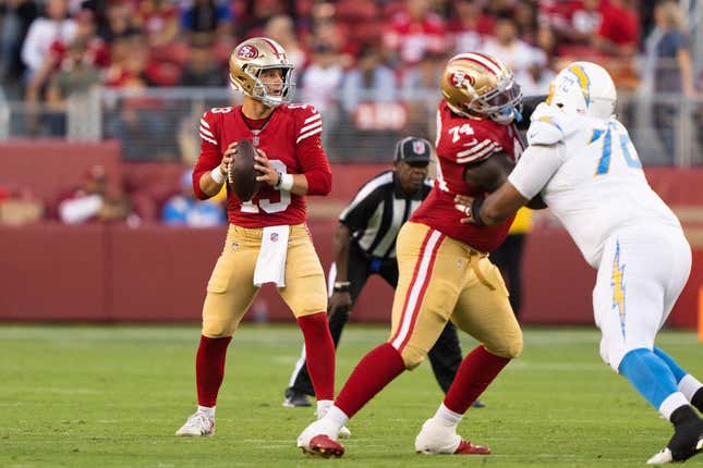 Aug 25, 2023; Santa Clara, California, USA; San Francisco 49ers quarterback Brock Purdy (13) prepares to throw the football during the first quarter against the Los Angeles Chargers at Levi&#39;s Stadium.