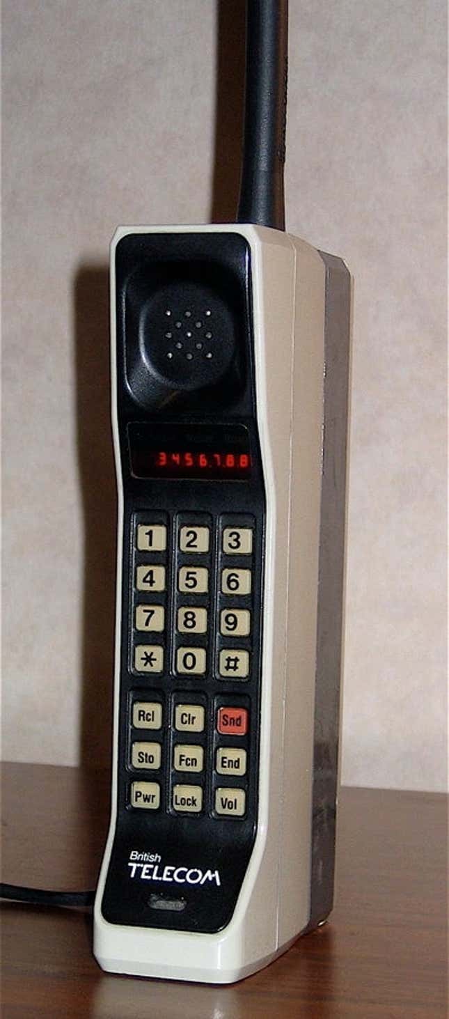 A photo of the DynaTAC 8000X, the first cell phone developed by Martin Cooper of Motorola.