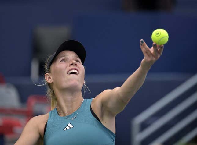 Aug 8, 2023; Montreal, Quebec, Canada; Caroline Wozniacki (DEN) serves against Kimberly Birrell (AUS) (not pictured) during first round play at IGA Stadium.