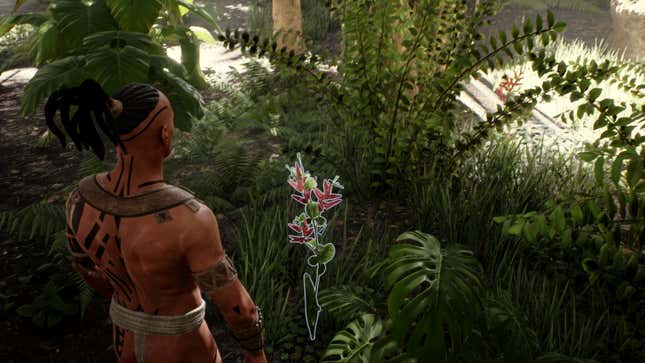 A warrior contemplates a flower in the jungle. 
