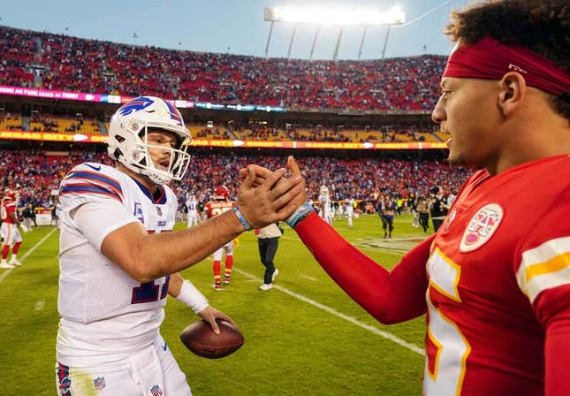 Oct 16, 2022; Kansas City, Missouri, USA; Buffalo Bills quarterback Josh Allen (17) shakes hands with Kansas City Chiefs quarterback Patrick Mahomes (15) after a game at GEHA Field at Arrowhead Stadium.