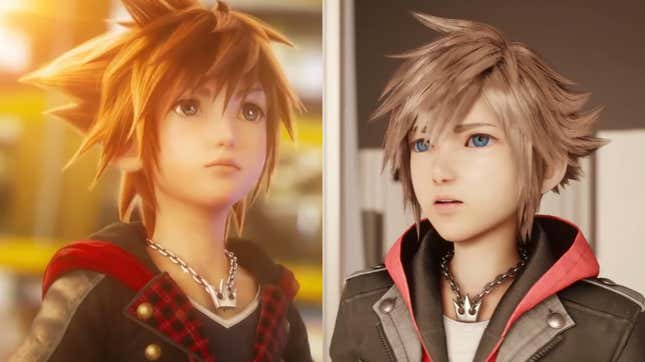 Kingdom Hearts IV Sora marvels at his old anime-looking baby face. 