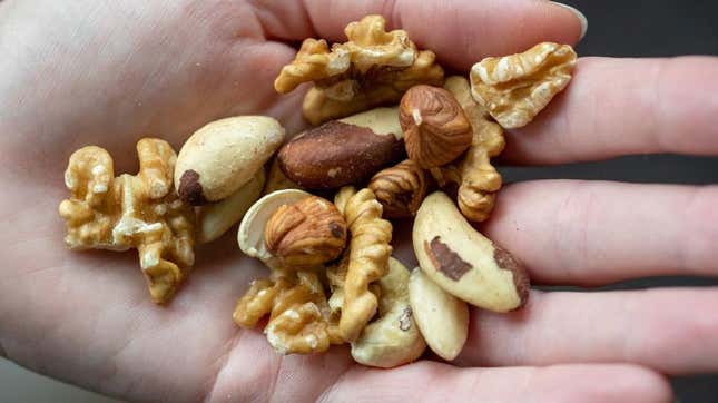 Person's hand holding mixed nuts