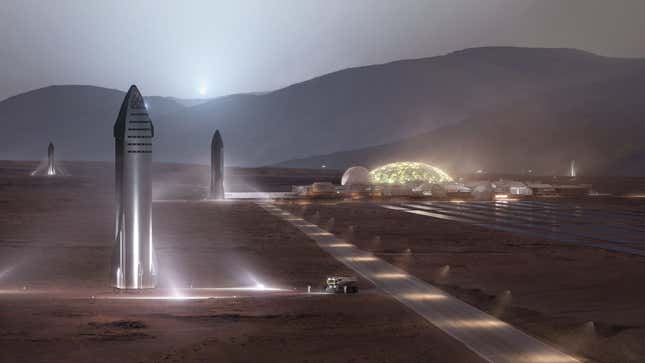 Artist’s conception of a Martian colony, with Starships nearby. 