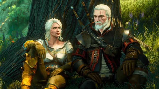 Geralt and Ciri sit together against a tree.