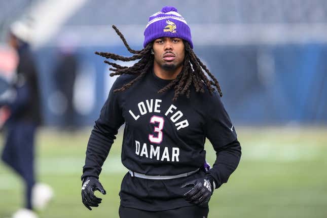 Jan 8, 2023; Chicago, Illinois, USA; Minnesota Vikings wide receiver K.J. Osborn (17) warms up wearing a shirt honoring Buffalo Bills Safety Damar Hamlin (3) before the game against the Chicago Bears at Soldier Field.