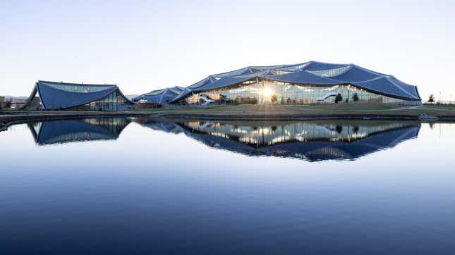 A photo of Google's new Bay View campus at sundown.