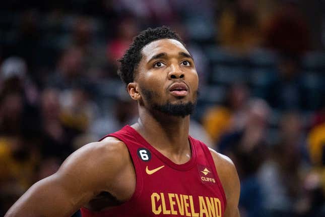 Feb 5, 2023; Indianapolis, Indiana, USA; Cleveland Cavaliers guard Donovan Mitchell (45) in the second half against the Indiana Pacers at Gainbridge Fieldhouse.