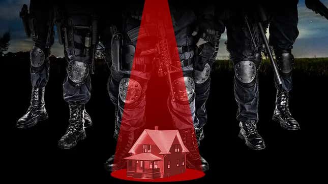 Art shows SWAT officers standing over a small home under a red flood light. 