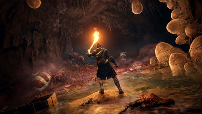 A lone warrior stands holding a torch in a dark, spider egg-infested cave.