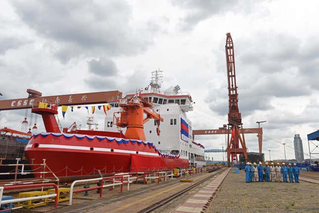 A view of the the Xuelong 2 at Jiangnan Shipyard in Shanghai.
