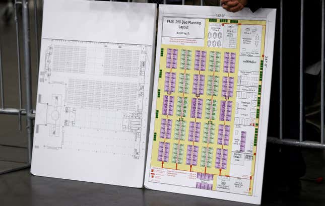 Layouts of patient areas to be constructed are seen at Jacob K. Javits Convention Center in Manhattan