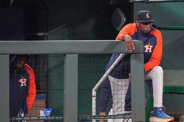 Sep 16, 2023; Kansas City, Missouri, USA; Houston Astros manager Dusty Baker Jr. (12) watches play from the dugout against the Kansas City Royals in the eighth inning at Kauffman Stadium.