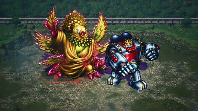 Steel Titan battles a giant golden chicken deity in an empty field.