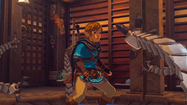 Link in The Legend of Zelda: Tears of the Kingdom, looks as enemies surround him.