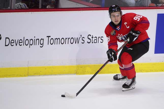 Jan 25, 2023; Langley, BC, CANADA; CHL Top Prospects team red forward Connor Bedard (98) skates during the second period in the 2023 CHL Top Prospects ice hockey game at Langley Events Centre.