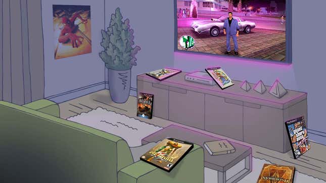 Popular games from 2002 clutter a living room with GTA: Vice City on the TV.