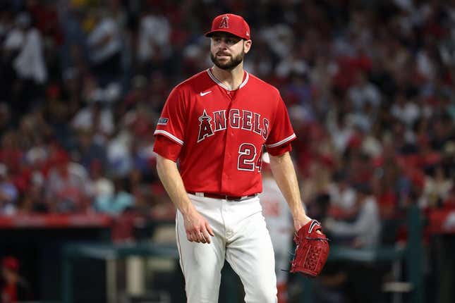Aug 22, 2023; Anaheim, California, USA; Los Angeles Angels starting pitcher Lucas Giolito (24) reacts after pitching the fifth inning against the Cincinnati Reds at Angel Stadium.