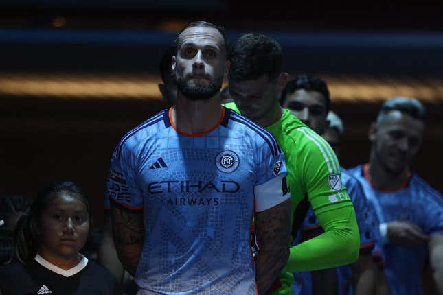 Jul 26, 2023; Harrison, NJ, USA; New York City FC defender Maxime Chanot (4) waits to enter the pitch with teammates before the match against Toronto FC at Red Bull Arena.