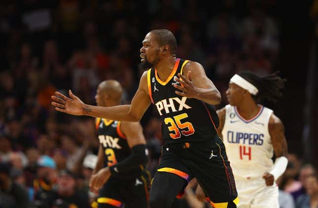 Apr 18, 2023; Phoenix, Arizona, USA; Phoenix Suns forward Kevin Durant (35) against the Los Angeles Clippers during game two of the 2023 NBA playoffs at Footprint Center.