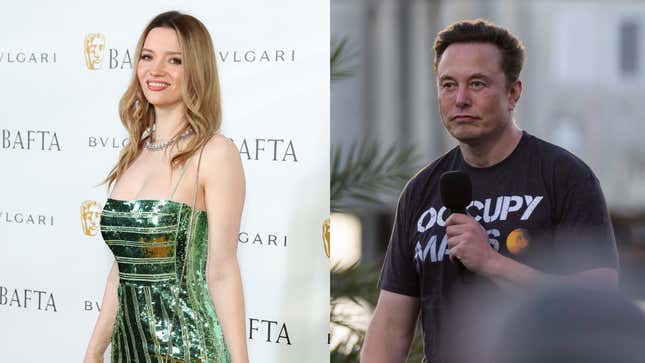 Talulah Riley attends the British Academy Film Awards 2022 Gala Dinner  on March 11, 2022 in London, England (left) and Elon Musk at a SpaceX event in Boca Chica Beach, Texas on August 25, 2022.