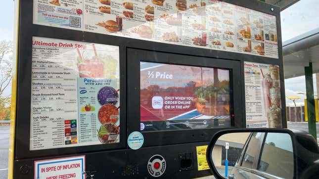 The view of Sonic’s menu as I waited in my car for my food to be brought out.