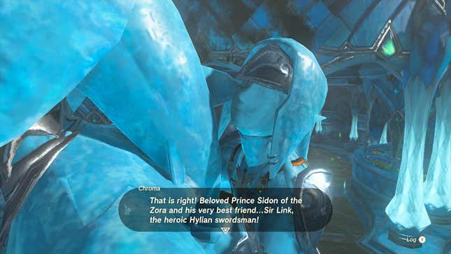 A close-up of the Link figure is seen on a statue that depicts Link riding on Sidon's back. A character named Chroma declares, "That is right! Beloved Prince Sidon of the Zora and his very best friend...Sir Link, the heroic Hylian swordsman!"