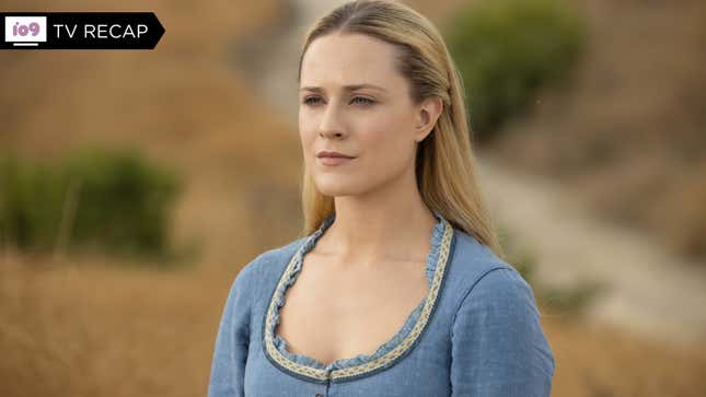 Dolores, in her blue prairie dress, stares out at Westworld.