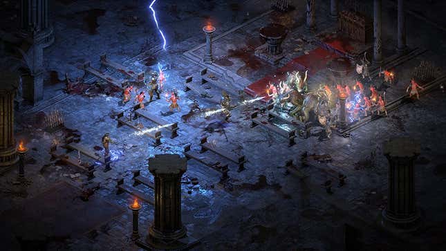 A Diablo II character lights up some skeletons in a crypt.