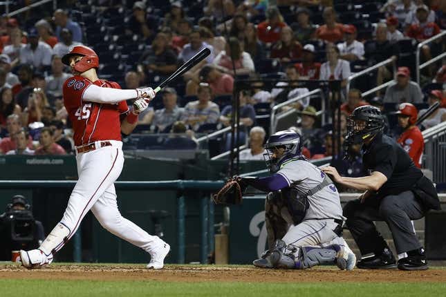 Jul 25, 2023; Washington, District of Columbia, USA; Washington Nationals designated hitter Joey Meneses (45) doubled against the Colorado Rockies during the fourth inning at Nationals Park.