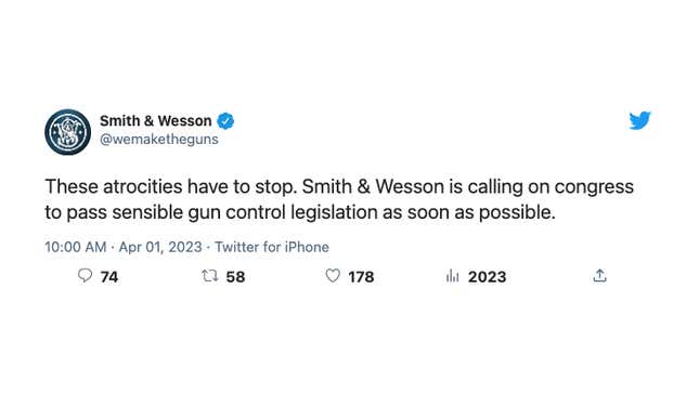 A fake tweet reading "These atrocities have to stop. Smith & Wesson is calling on congress to pass sensible gun control legislation as soon as possible."