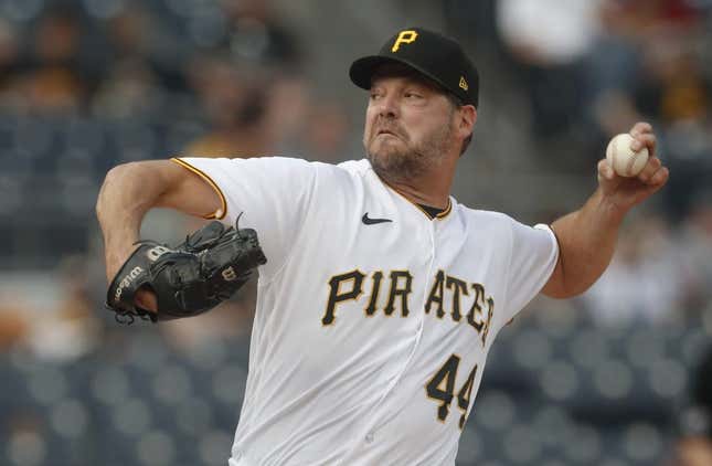 May 23, 2023; Pittsburgh, Pennsylvania, USA; Pittsburgh Pirates starting pitcher Rich Hill (44) delivers a pitch against the Texas Rangers during the first inning at PNC Park.